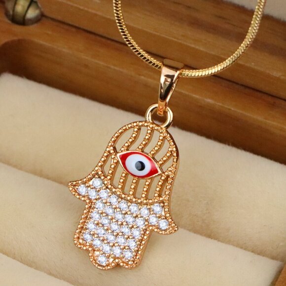 "Rose Gold Hamsa Hand Pendant with Evil Eye and Sparkling Stones, XPPT1386 - Picture 1 of 13